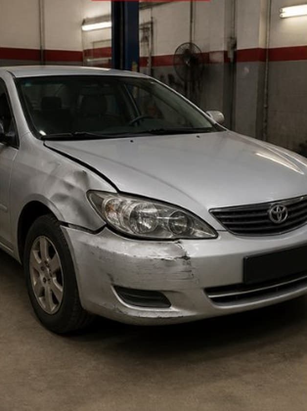 Silver sedan with a front corner dent and bumper damage, before repair
