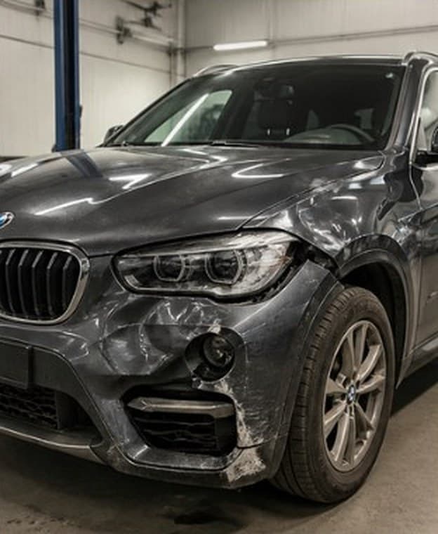 Dark SUV with front bumper and fender damage, before repair